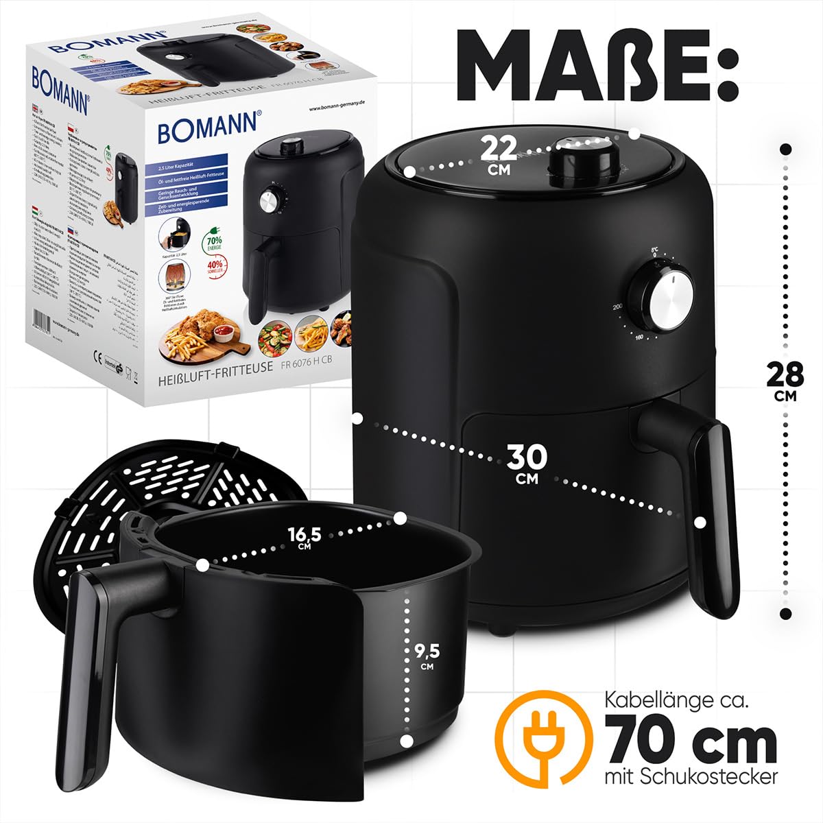 Bomann, Freidora de aire caliente 2.3L Negra FR6076HCB - Cocina saludable sin aceite, Termostato regulable 80-200°C, Temporizador 60 min, Antiadherente, Protección contra sobrecalentamiento