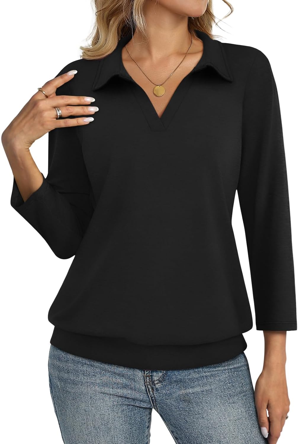 TICTICMISS Womens Polo Shirts 3/4 Sleeve Banded Bottom Tops Business Casual Tops Collared V Neck Blouses