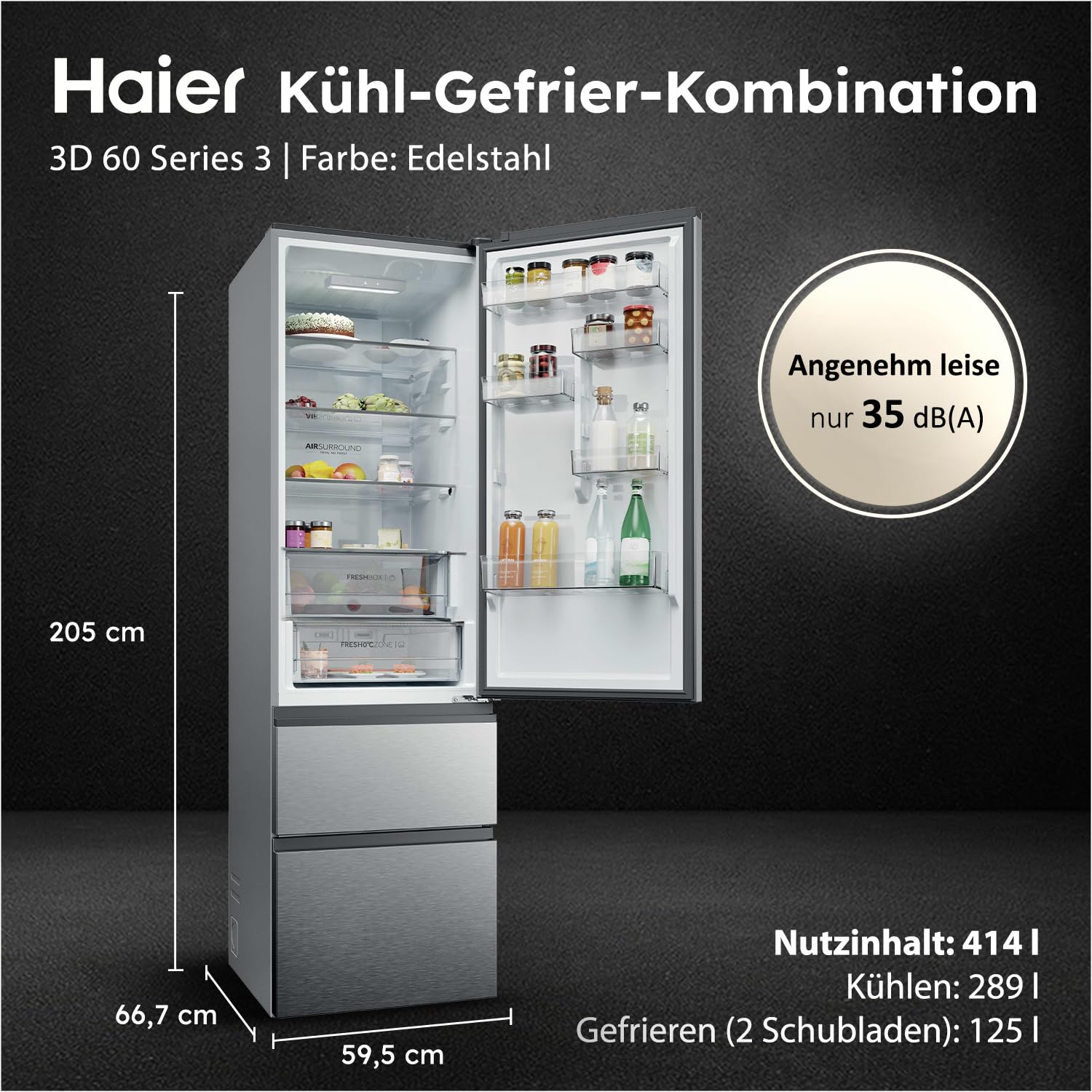 Haier Kühl-Gefrierkombination 3D 60 SERIES 3 PRO HTR3620CNMG I 2,05 m, No Frost I Energieeffizienzklasse C I Kühlschrank mit Gefrierfach freistehend, Fassungsvermögen 414L I Fresh 0°-Fach