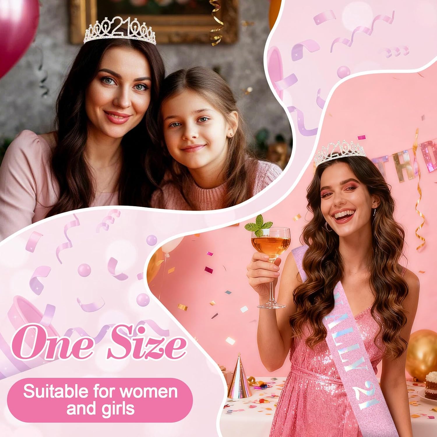 CAVETEE Birthday Headband for women, 21st Birthday Decorations Finally 21 Sash and Crown for 21st Party (Silver&Pink, Onesize) - Image 2