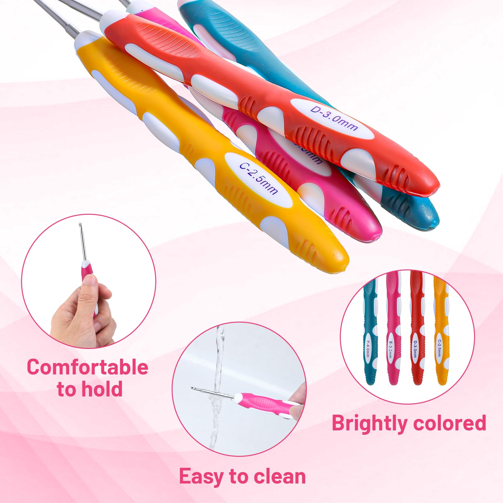 TIESOME 4 PCS Ergonomic Crochet Hooks Set, 2.5/3/3.5/4mm Stainless Steel with Soft Handle, Crochet Needles for Knitting Gloves, Hats, Scarves, Bags, DIY Yarn Weaving Tools (4 Colors) - 4