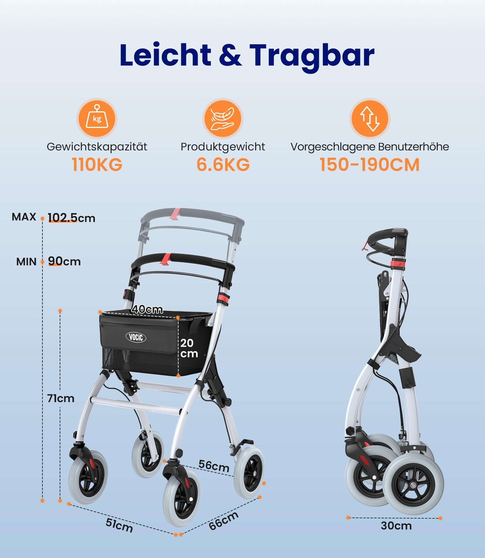 VOCIC Z32 Rollator Schmal für Wohnung,Indoor Rollator Faltbar und Leicht,Stabiler Wohnungsrollator mit Spuer Leiser Anti-Rutsch Reifen,Rollatoren für Senioren Klappbar Tablett,Weiß|5 Jahre Support