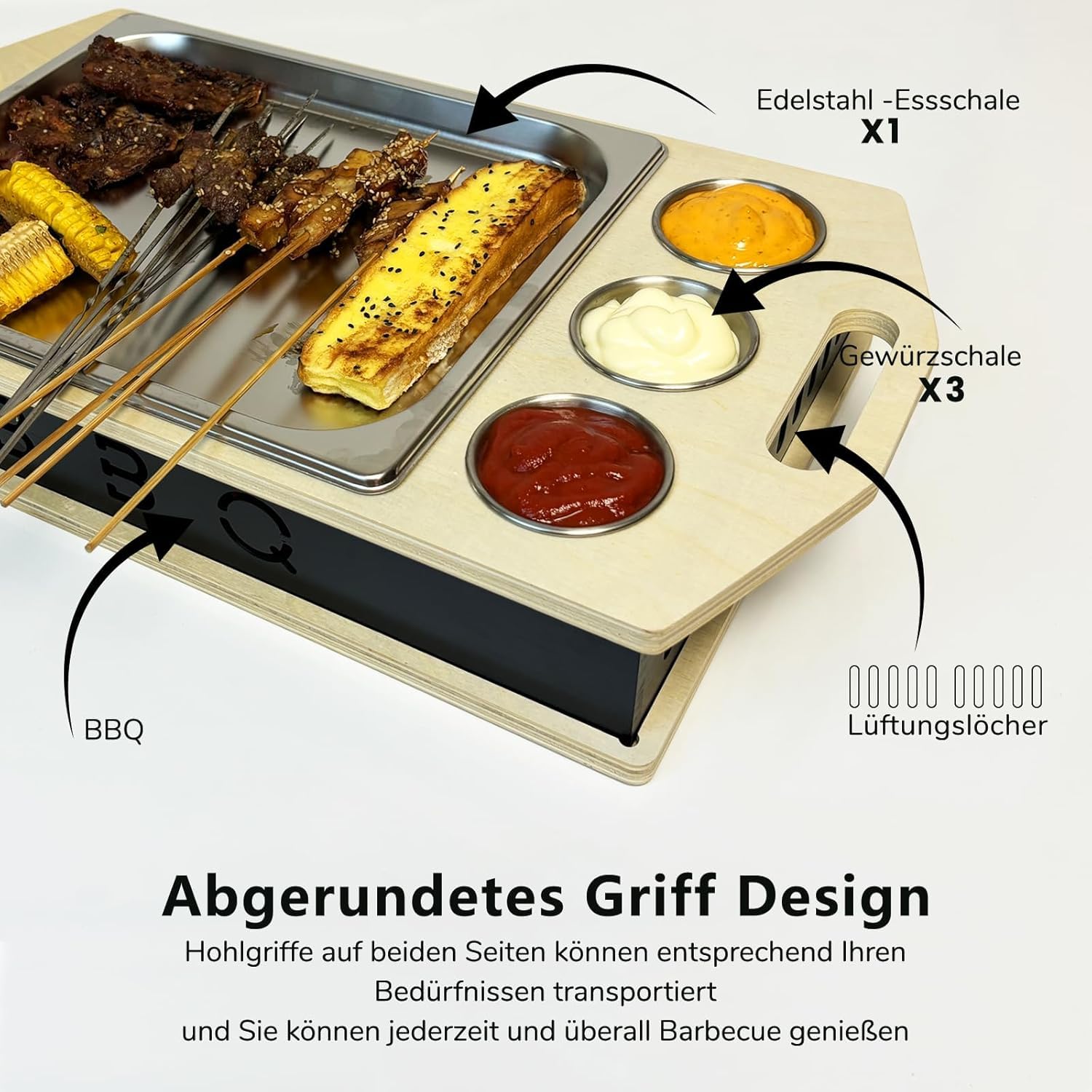Fleischwarmhalter fürs Grillen, BBQ Board mit Edelstahl Schälchen, Umweltfreundliche Materialien, Grillgut Stövchen für Potlucks BBQ-Party Versammlungen(X)