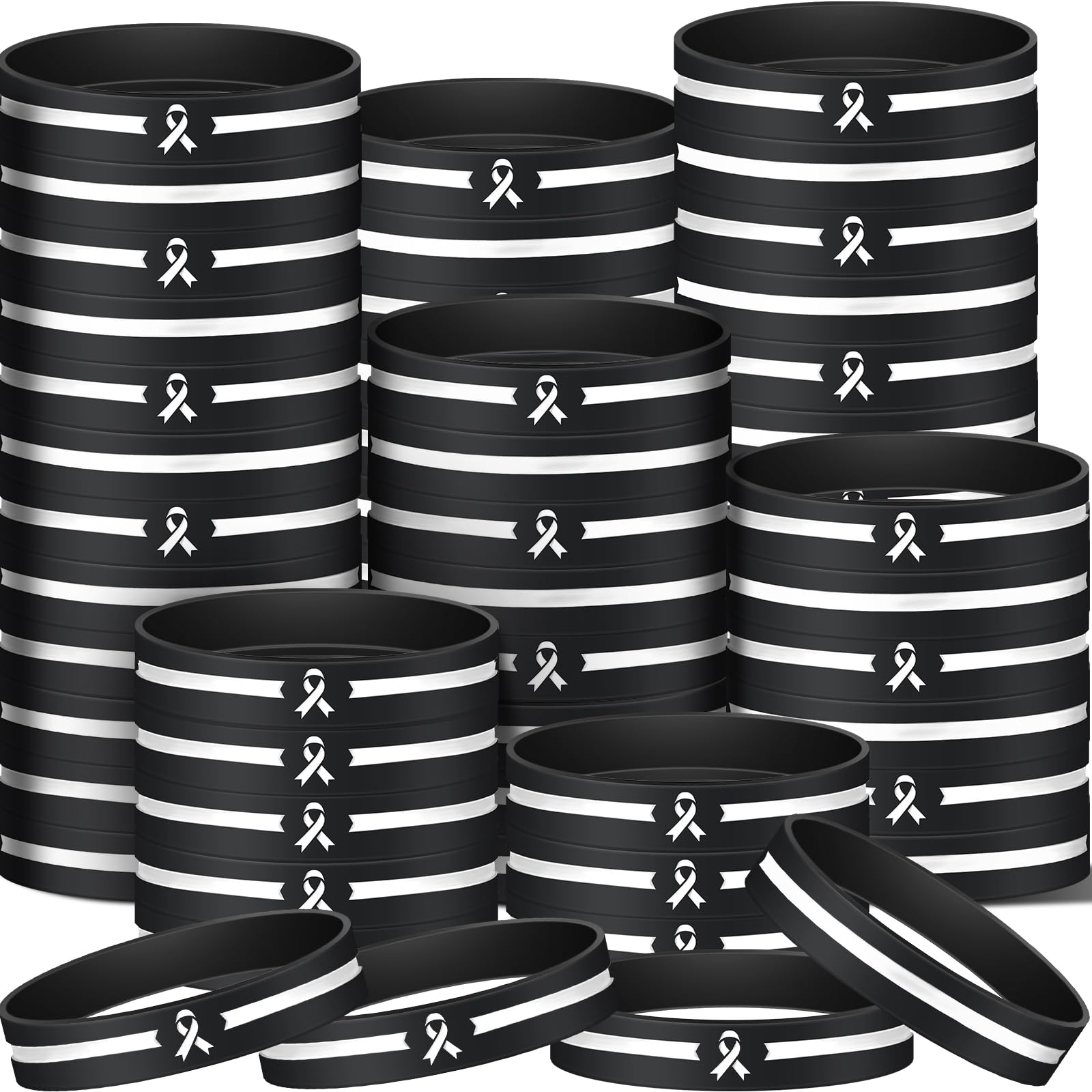 Hiboom 100 Pack White Ribbon Lung Cancer Silicone Bracelets Bulk