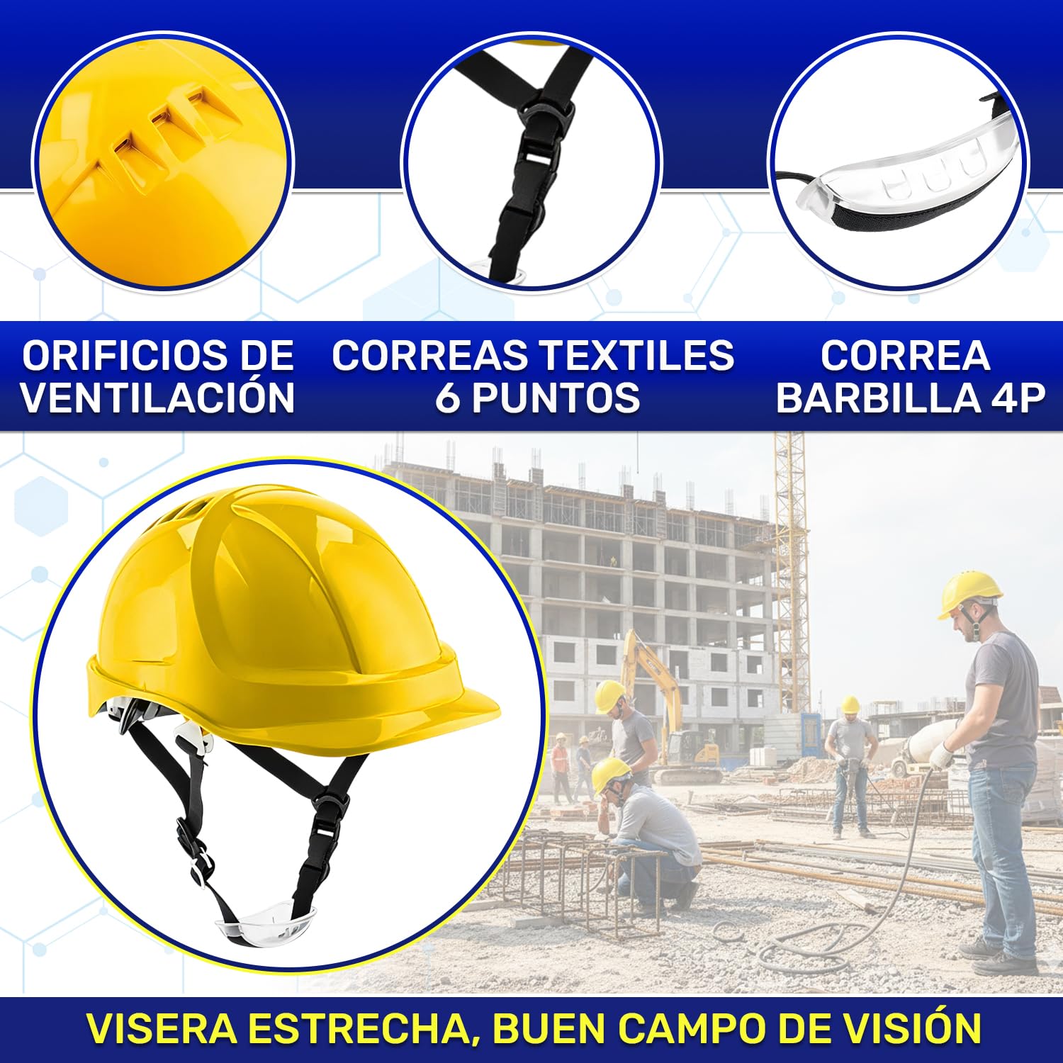 Casco de Obra Homologado EN 397 Talla 53-64 cm en Plástico ABS | Casco de Seguridad Profesional Amarillo con Barboquejo y Orificios de Ventilación - Garantía de 10 Años - MONTERAL