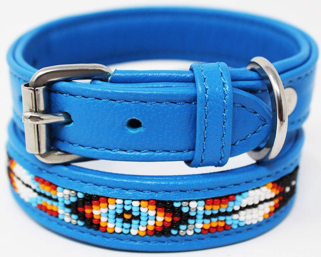 Medium 17''- 21'' Soft Genuine Leather Beaded Padded Dog Puppy Collar 60RT04TR