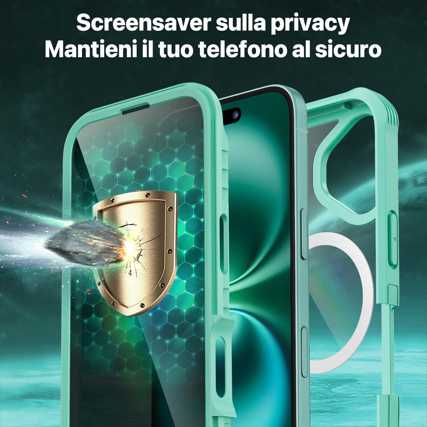 CENHUFO Magnetica Privacy Cover iPhone 16, [Compatibile con Magsafe] Integrata Vetro Temperato Anti Spia Schermo e Protezione Fotocamera, Custodia Antiurto 360 Gradi Rugged Doppia Faccia Case -Verde