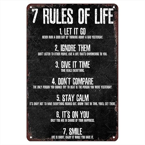 Letreros de metal retro de 12 x 8 pulgadas, 7 reglas de la vida vintage, divertido arte de pared para decoración de interiores, póster de metal para
