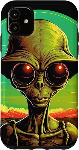 Vista 10 de iPhone 15 Pro Max Cute Green Alien Head UFO Space Face Alien Case