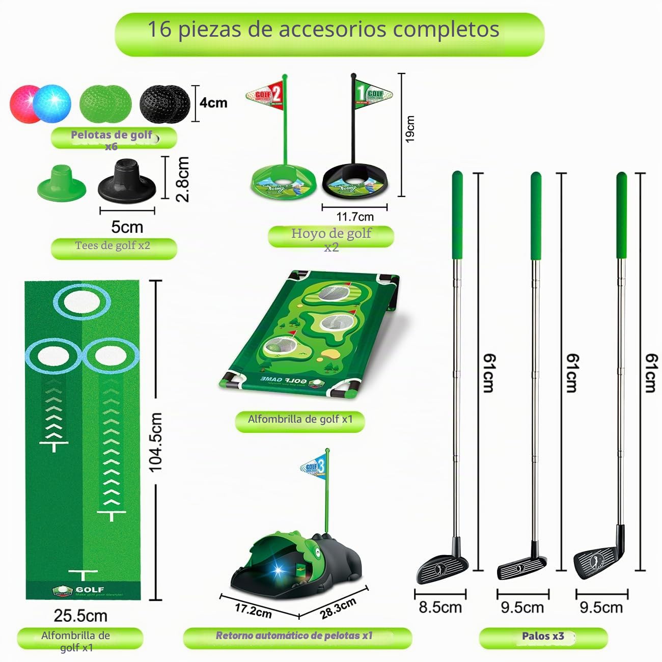 TERRAMUS Set de Golf 3 en 1 para Niños con Devolvedor de Golf Automático de Dinosaurio, Tablero de Cornhole de Golf, Pelotas Iluminadas con LED, Tapete de Putting,Juguetes,Juegos de Mini Golf Pequeños
