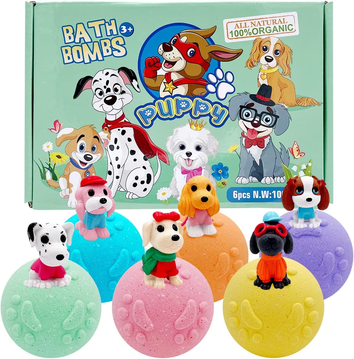 Clear and Fresh6PK Kids Bath Bombs with Surprise Inside for Toddlers, XXL Huge Kids Natural Handmade Bath Bombs with Puppy Toys Inside (Puppy)