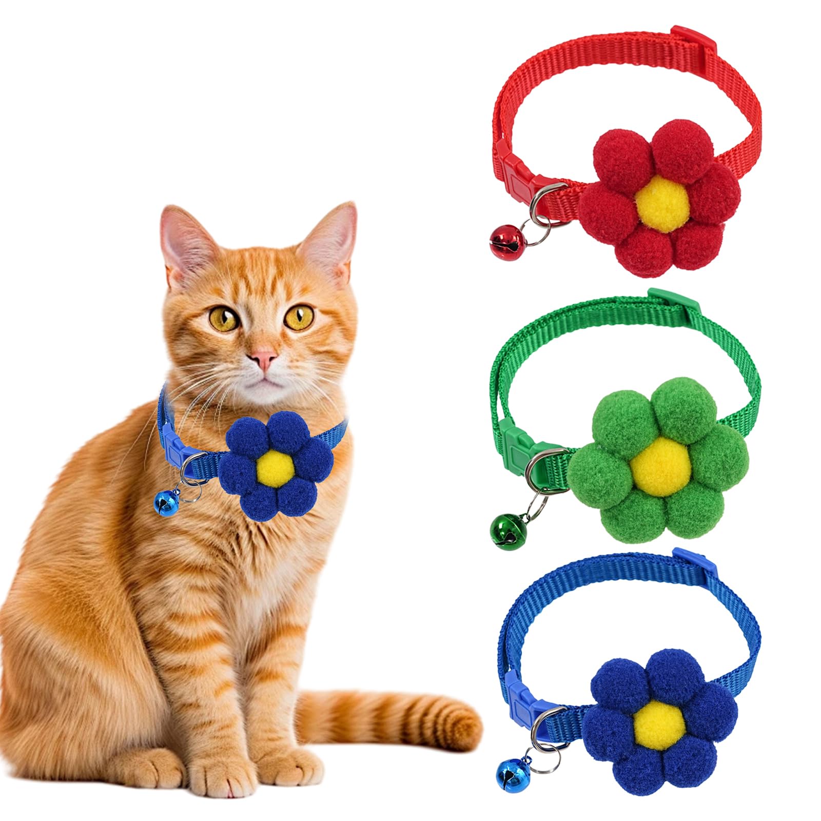 KASESSS 3 Pieces Cat Collar Flower, Kitten Collar Cute, Cat Collar with Bell, Cat Collars, Kitten Collars Adjustable 19-32cm