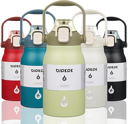 BJPKPK Botellas de agua aisladas con pajita, botella de metal de acero inoxidable de 35 oz con tapa de apertura de una mano, jarras deportivas sin