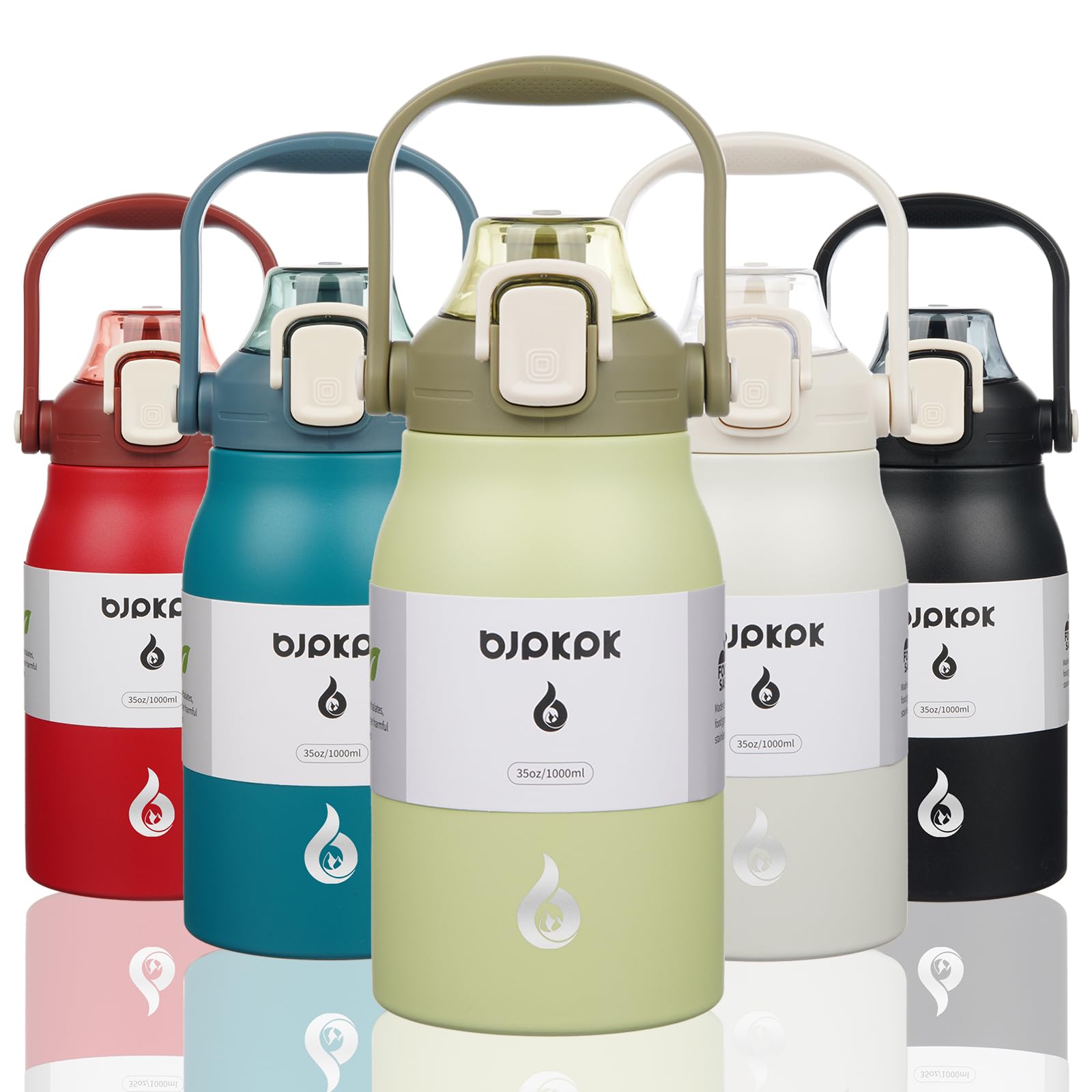 BJPKPK Insulated Water Bottles with Straw, 35 oz Stainless Steel Metal Water Bottle with One-handed Opening Lid, BPA Free Sport Jugs, Thermos, Flasks for Men & Women, Light Green