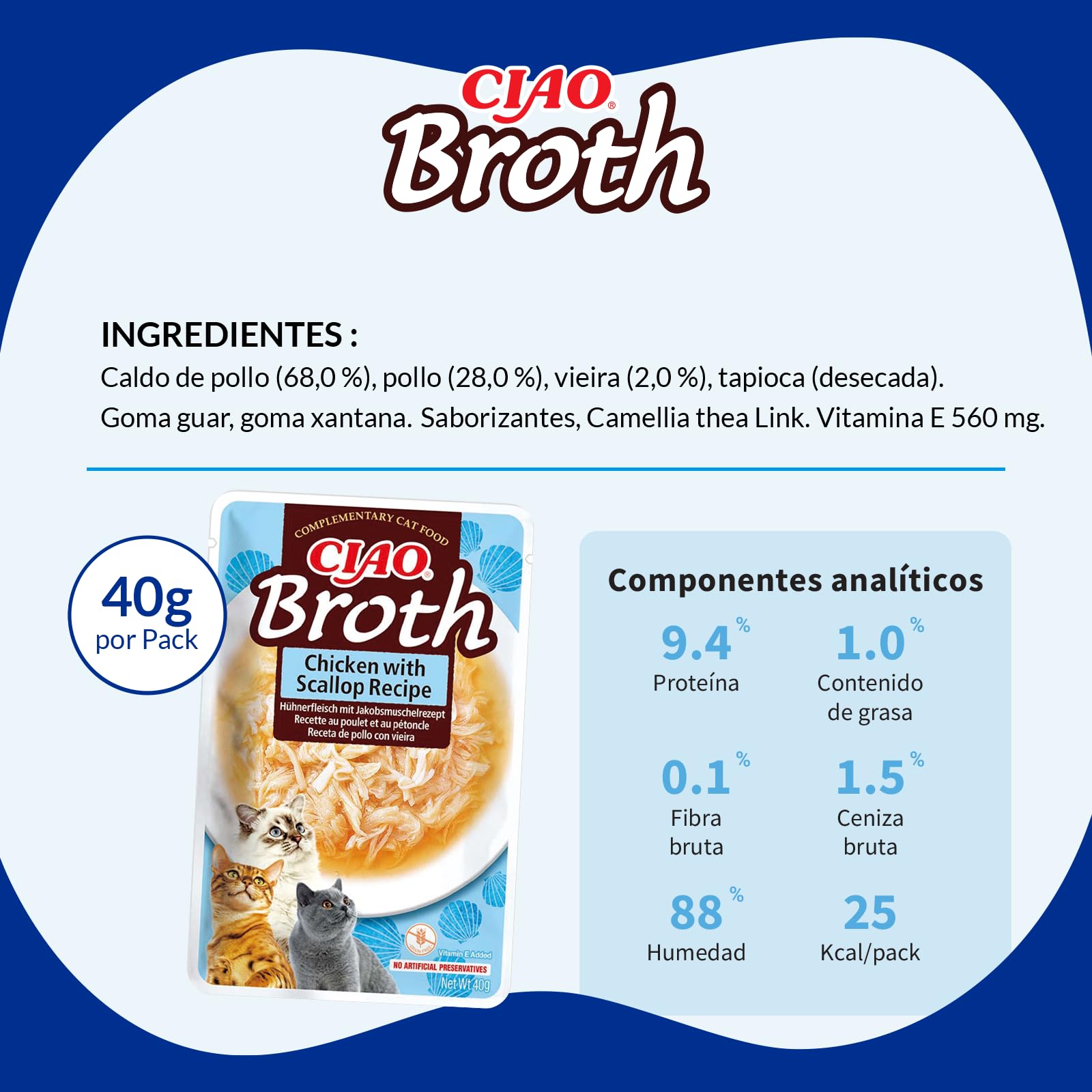 INABA Ciao Broth Gatos - Caldo Receta Pollo y Vieira - Premios Saludables con Proteínas Animales - Snacks Sin Cereales, Sin Conservantes, Sin Colorantes - Sólo 16Cal - 40g