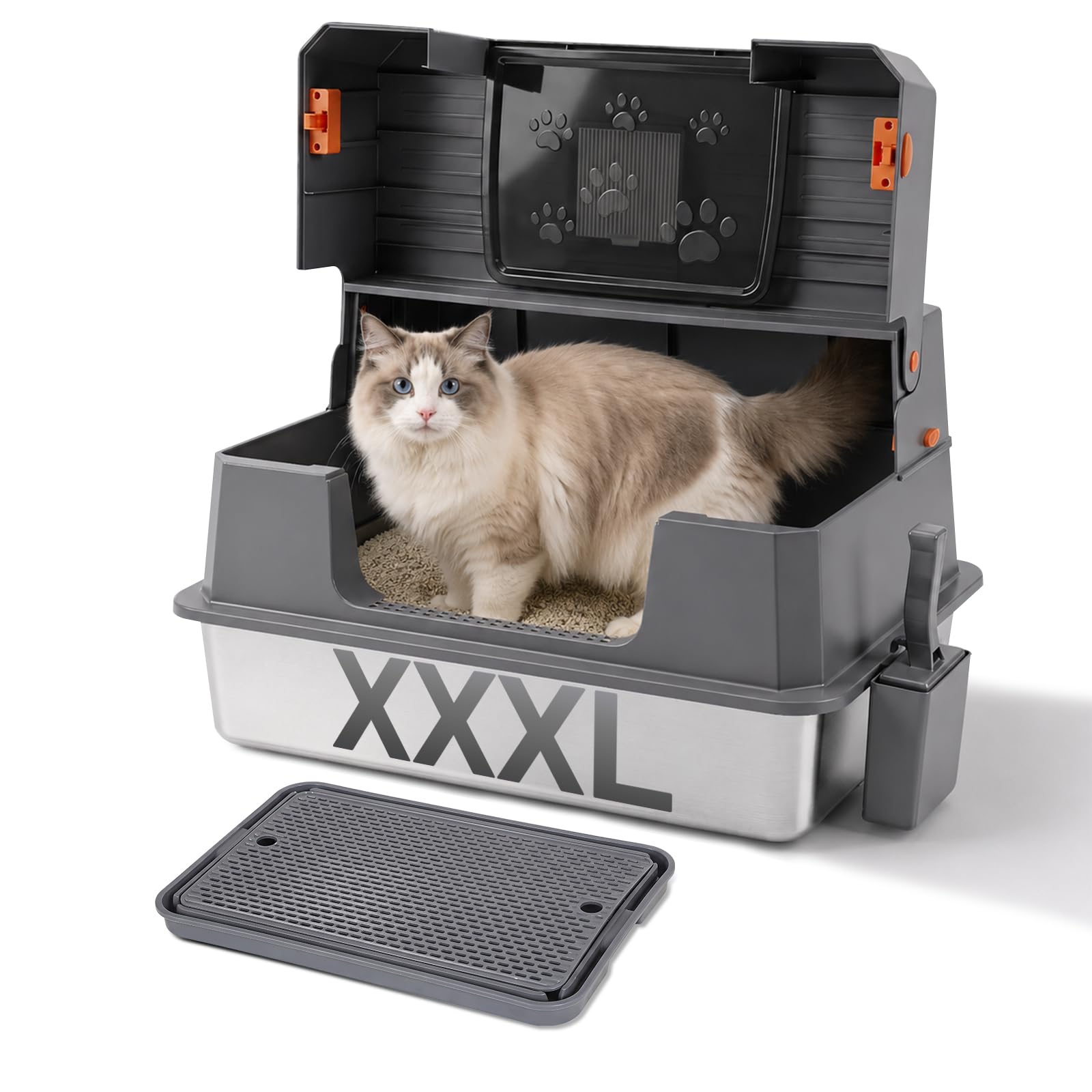 XXXL Edelstahl Katzentoilette mit Klapphaube,72.8 x 51 x 43 cm
