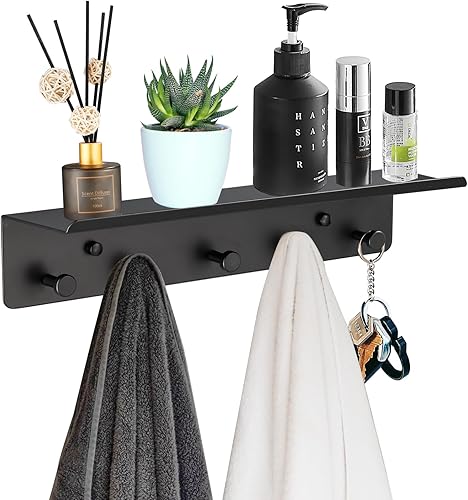 SIMVE Toallero de baño montado en la pared, estante de aluminio inoxidable con 5 ganchos para bata de baño, almacenamiento de decoración, accesorios