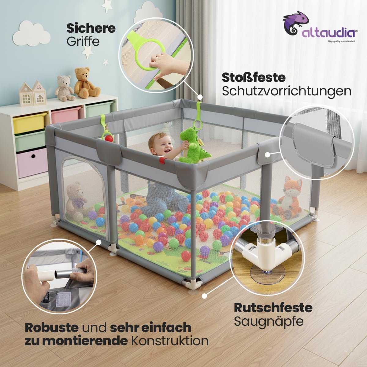 Baby-Laufstall 120 x 120 cm + Baby-Teppich + 50 Bälle + Transporttaschen – Baby-Laufstall mit atmungsaktivem Netz – Lustiger Spielplatz für Babys – Grau