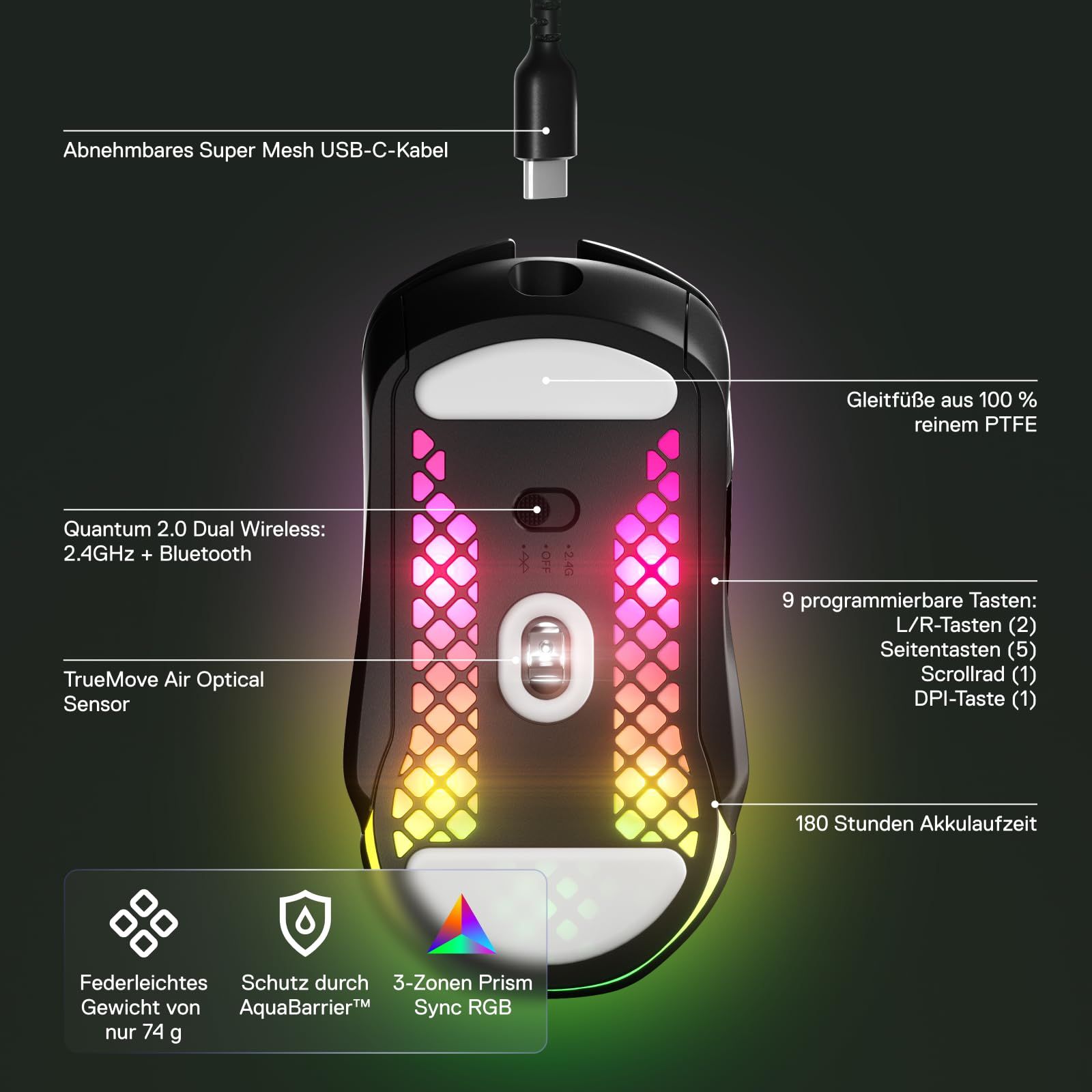 SteelSeries Aerox 5 Wireless RGB Gaming-Mouse, 9 Tasten, Bluetooth/2,4 GHz, TrueMove Air-Sensor 18.000 DPI
