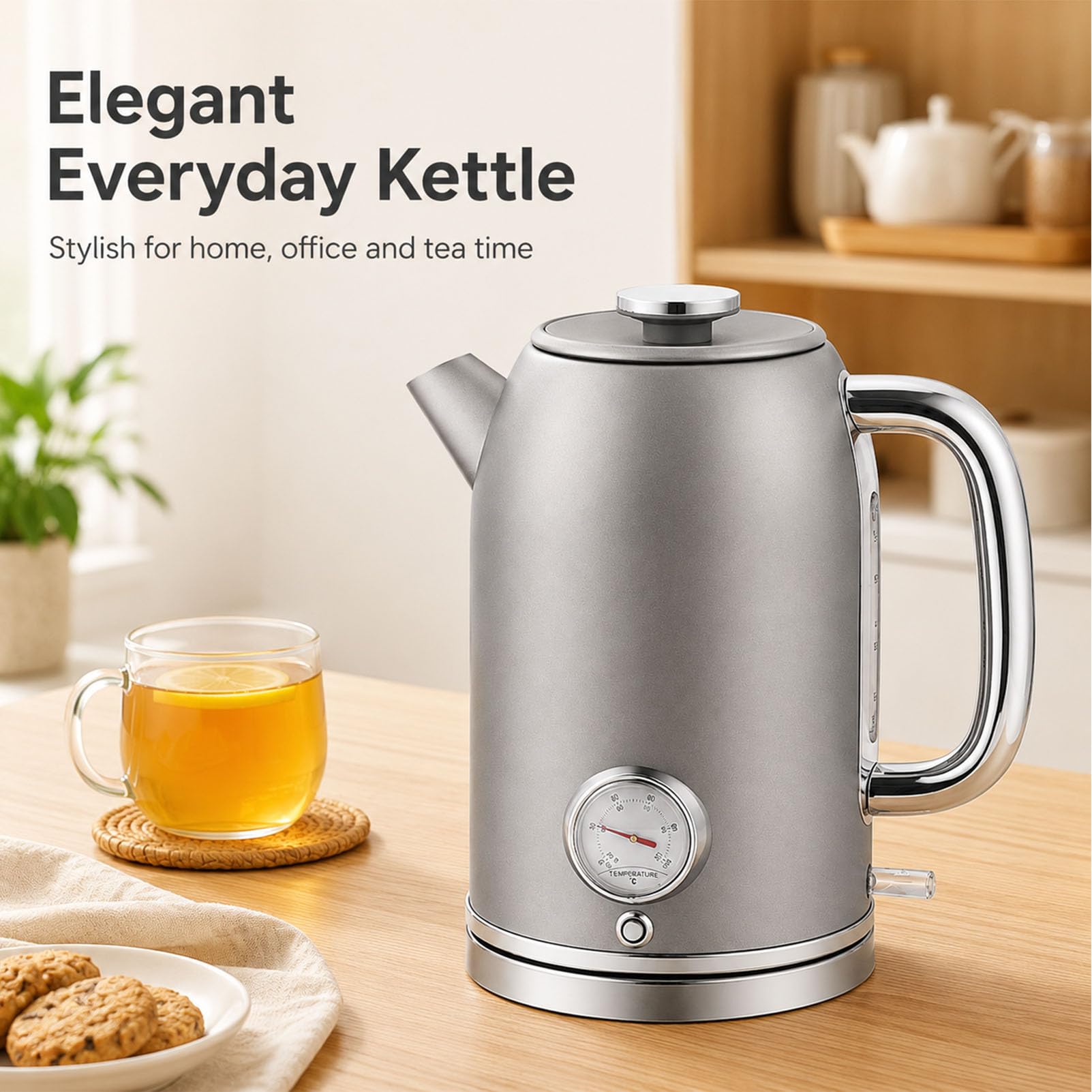 Bollitore Elettrico 2L 1500W Titanio Puro Ebollizione Rapida Mantenimento Silver,2L | Indicatore analogico in tempo reale da 0 a 100°C, funzione mantenimento caldo a 50°C con un solo tocco e base senza