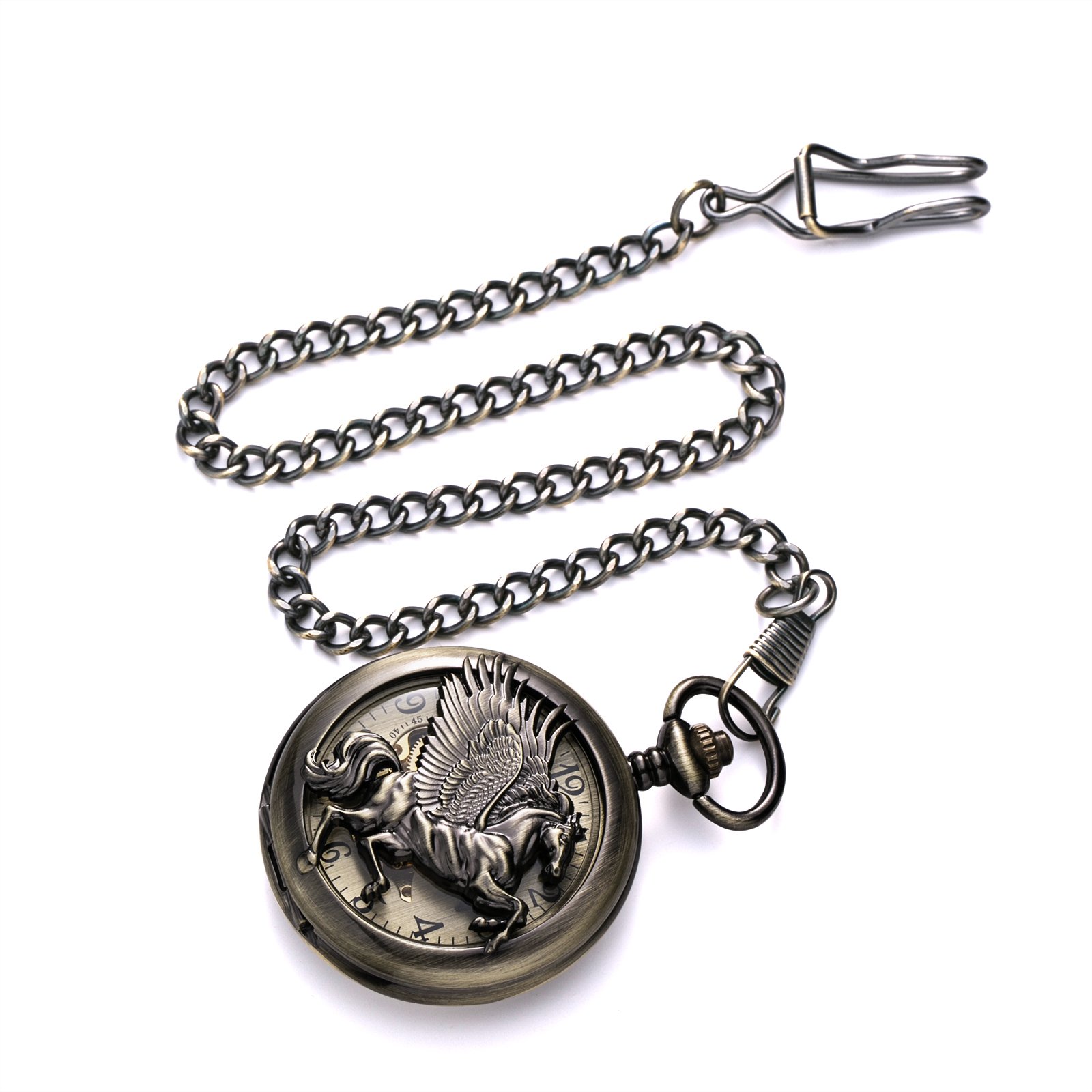 TREEWETO Vintage mecánico esqueleto hueco Pegasus tallado reloj de bolsillo para hombres mujeres, bronce