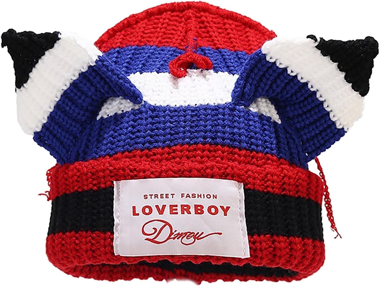 Striped Cat Ear Beanie Soft Knit Winter Hat for Women Men Y2K Punk Aesthetic Skull Cap