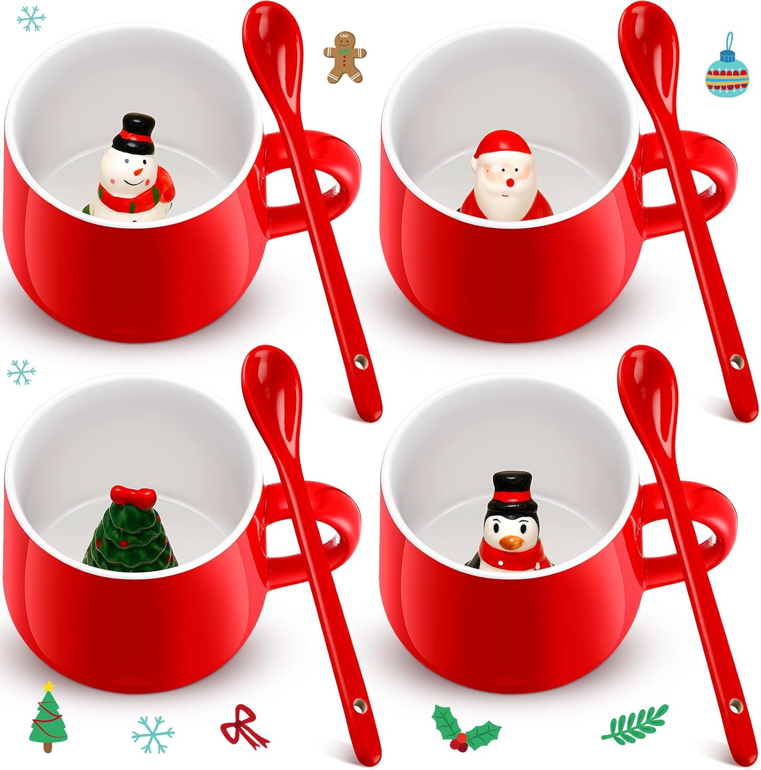 Uiifan 4 Pcs 3D Christmas Coffee Mugs 13.5 oz Hot Cocoa Mug Ceramic Snowman Santa Christmas Tree Penguin Inside Cup Cute Animal Figurine Mug Cartoon Bear cup for Women Men Office Gift(Warm Style)