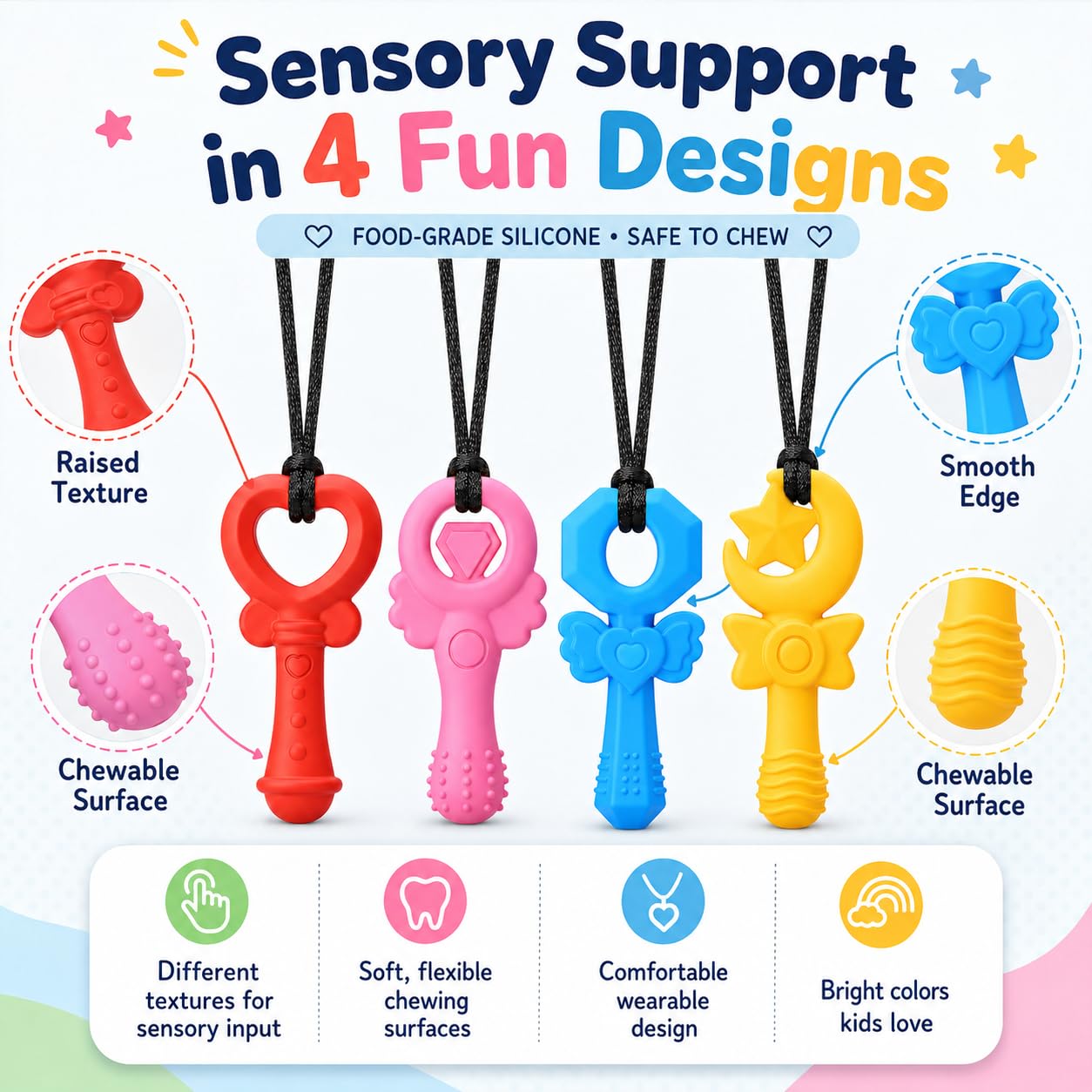 Chew Necklaces for Sensory Kids Girls, 4 Pack Silicone Sensory Chew Necklace for Autism ADHD SPD, Cute Magic Wand Chewelry for Anxiety Relief, Oral Motor Fidget Toys for Moderate Chewers