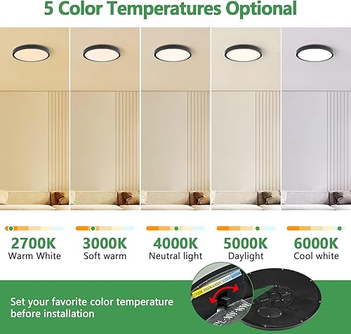 Miniatura 9 de Paquete de 2 lámparas de techo LED negras de 15.8 pulgadas, 32 W, 3480 LM, 3000 K4000 K6000 K CCT seleccionables, luz de panel plano redonda de bajo