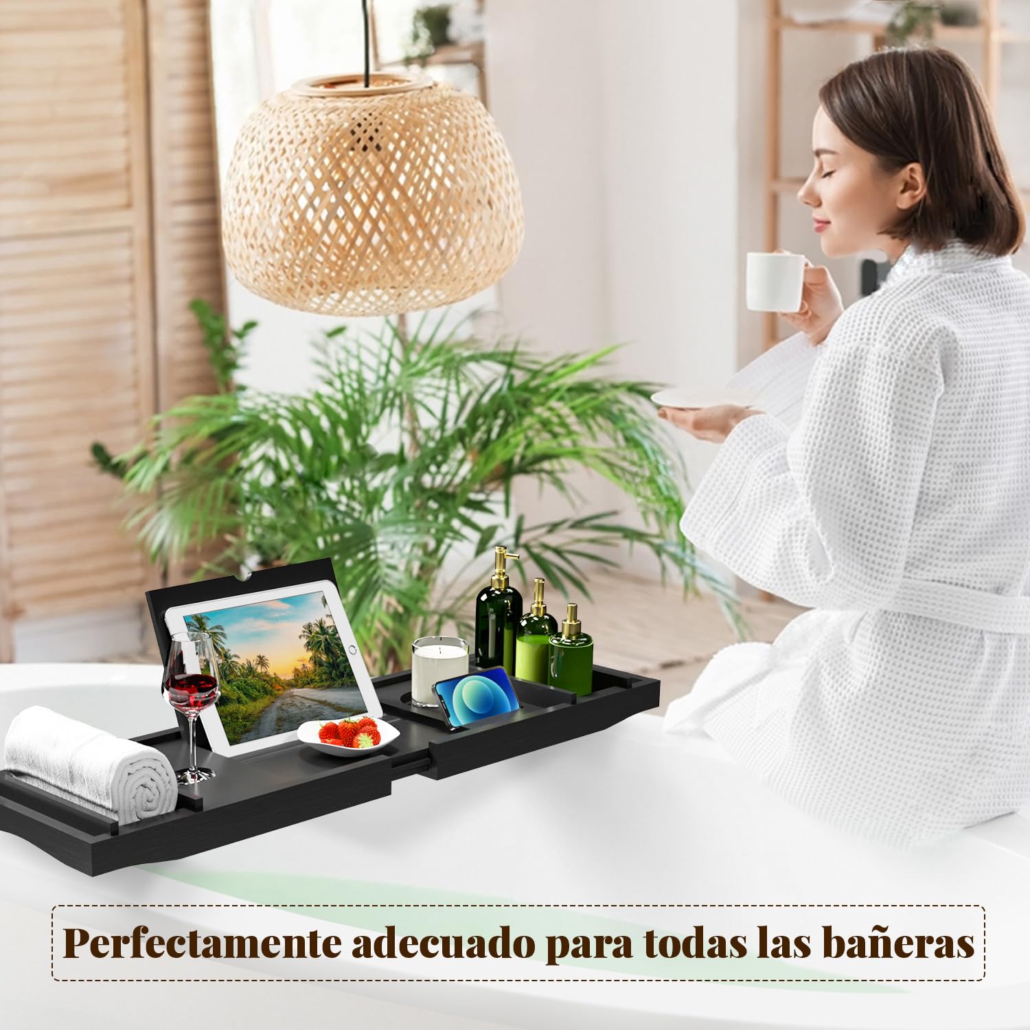 Bandeja de Baño, Tabla Bañera de Bambú Ajustable, 75-109 * 23 * 4,5cm, se Adapta a la Mayoría de Bañeras, Accesorios baño Madera para iPad, Libros, Teléfono, Vidrio (Negro)