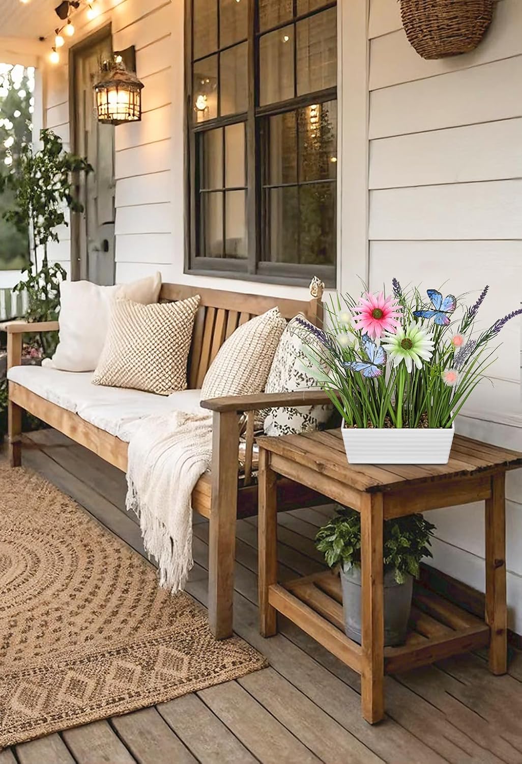 Oairse Artificial Plants Indoor with Pot, 14.1" Fake Potted Plants Artificial Onion Grass Plant with Daisies Flowers and Butterflies Small Faux Plant Indoor for Home Living Room Table Shelf Decor