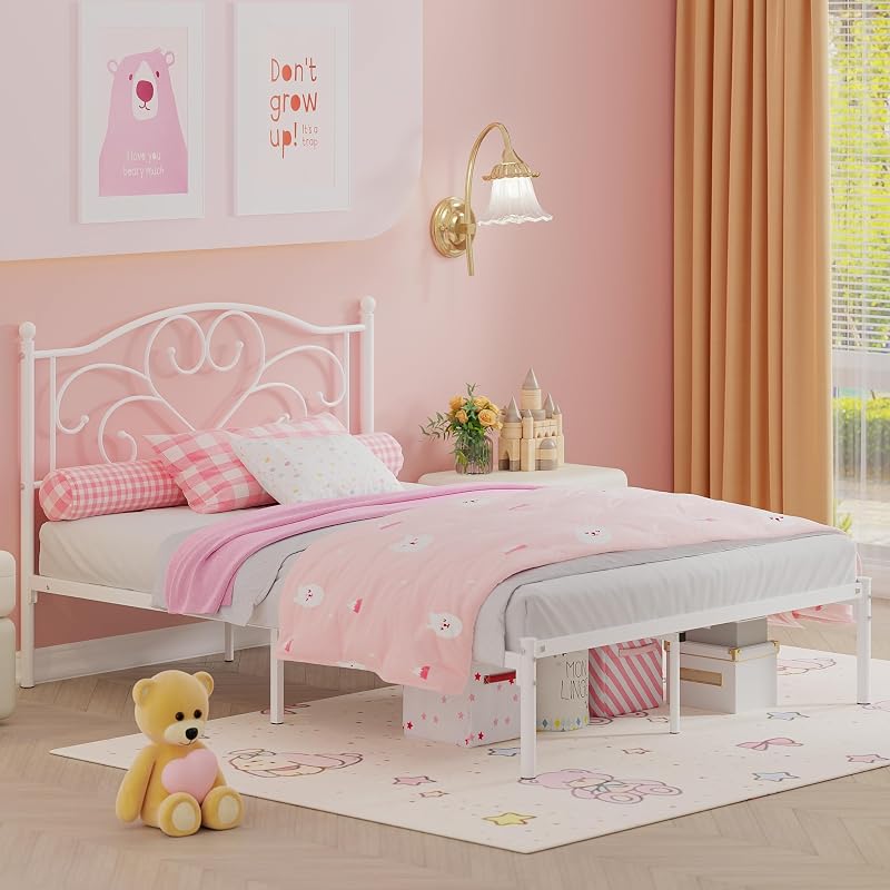 Full Bed Frame with Headboard, Full Size Metal Bed with Storage White image 3