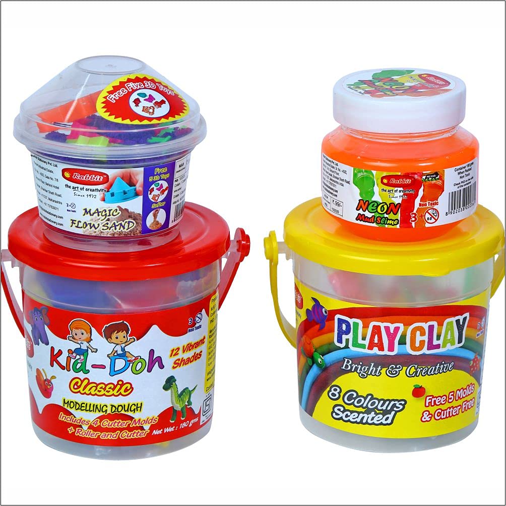 RABBIT Modelling Clay Bucket 8 Colors + Modelling Dough Classic Bucket +Play Sand box 100g+Play Slime Neon100g Combo of 4 for Kids|Clay Slime Moulds| Modelling Dough|Activity Set | Dough Kids Play | Multicolor |6 Vibrant Shades|Roller and Cutter Idea (B09BQNTSVW) Amazon Price History, Amazon Price Tracker