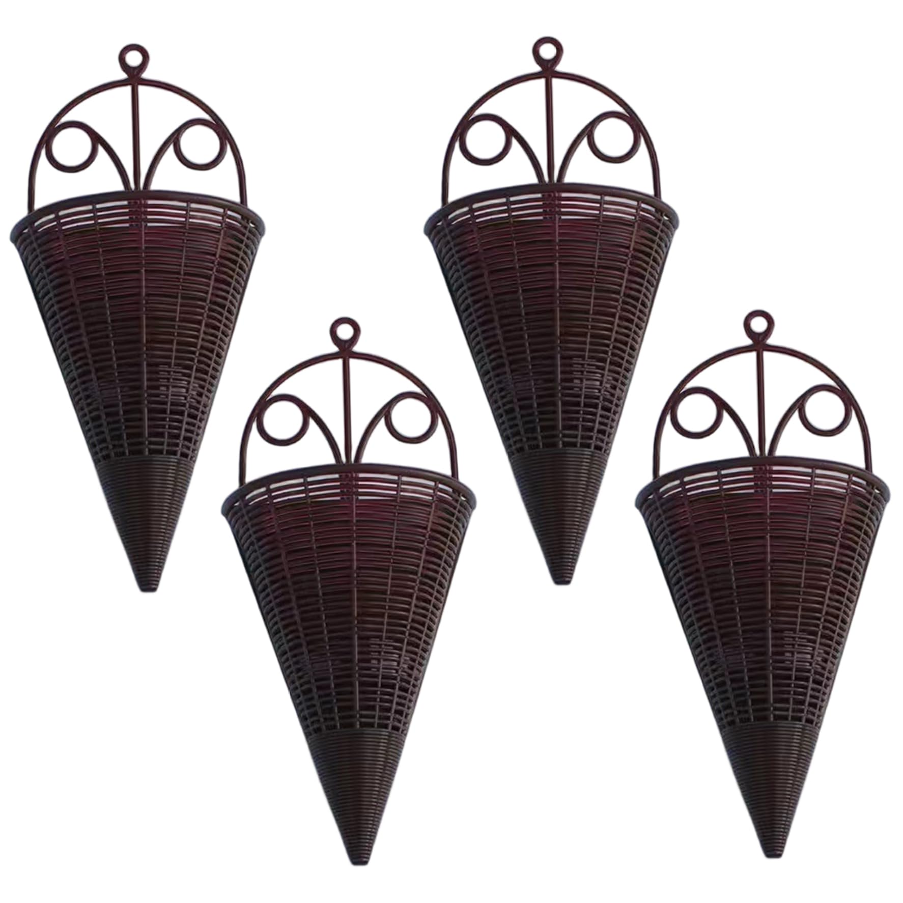NASSMOSSE 4Pcs Cone Shaped Hanging Baskets, 12" Tall Plastic Rattan Vertical Cone Hanging Baskets for Plants Outdoor, Decorative Vintage Wall Plant Holders for Home Garden Balcony