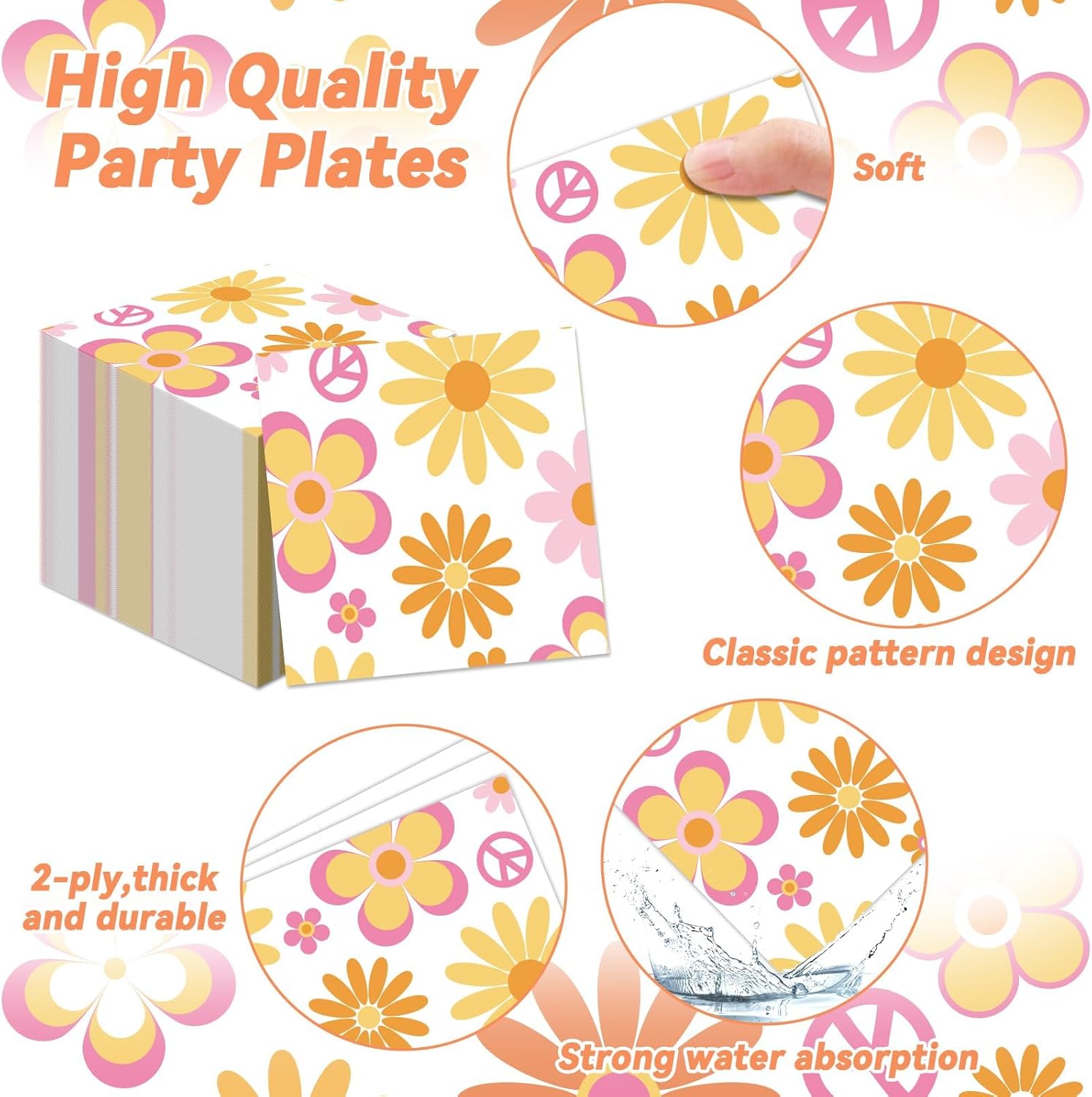 ZOIIWA 200 PCS Groovy Birthday Tableware Disposable Hippie Daisy Flower Plates Napkins Party Supplies 60s 70s Two Retro Boho Dinnerware Set Hippie Party Baby Shower Decoration Serve 50 guest