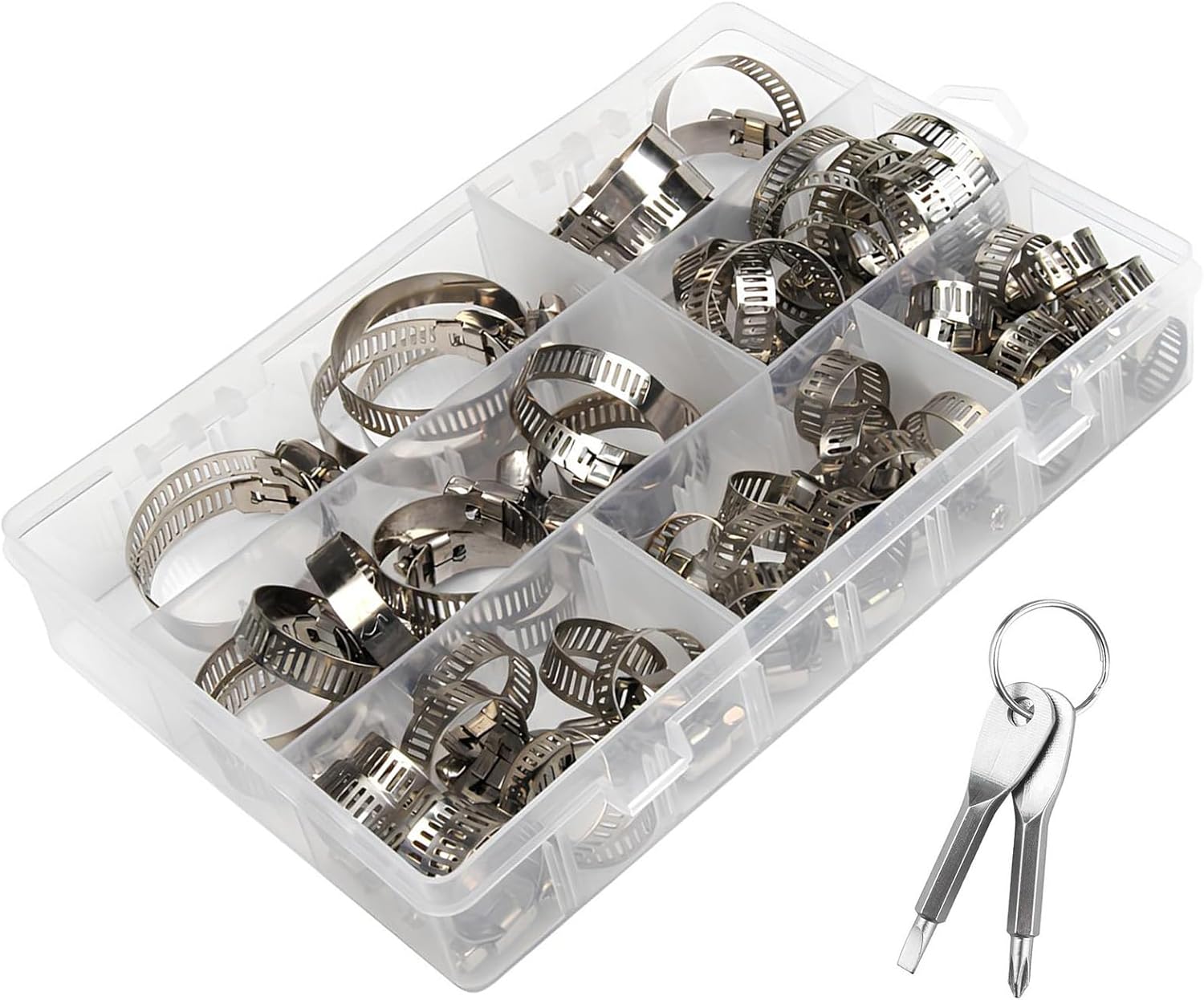 Hose Clamp Kit – 304 Stainless Steel Adjustable Pipe Hose Clamps, 60-Piece Kit with 2 Screw Tools, for Plumbing, Automotive and Mechanical