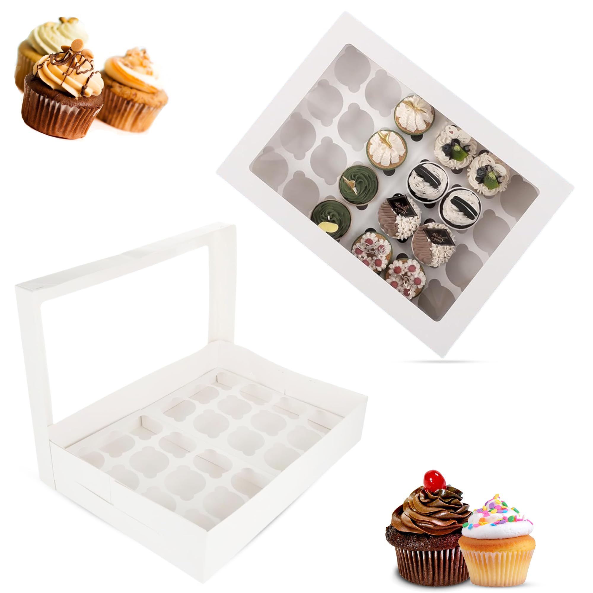 CHEF ROYALE 25x Cupcake Boxes 24 Holes - White Cup Cake Boxes with Clear Window - Rectangular Cupcake Carrier for Muffin Deserts Cupcake Holders for Home Parties, Wedding, Christmas, Cake Shop (25)