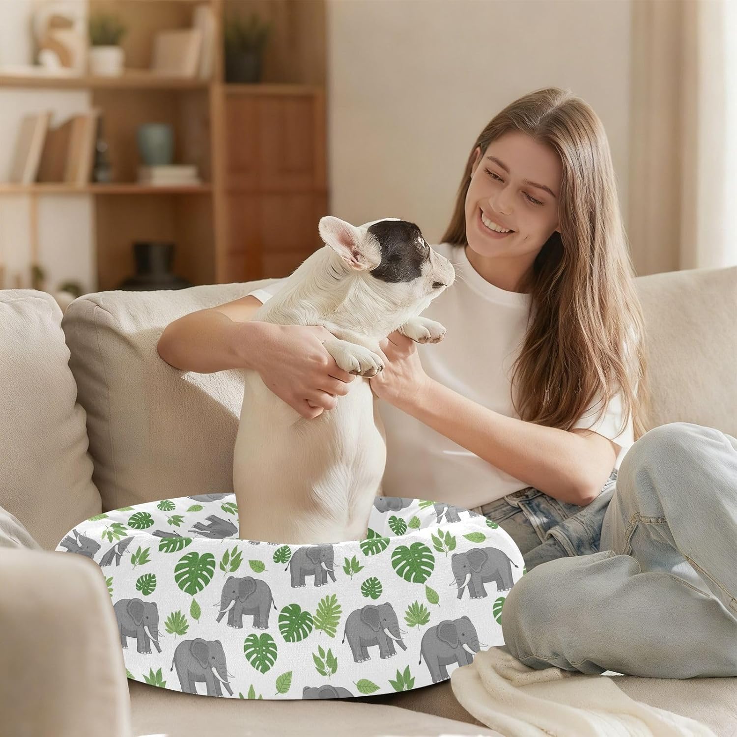 Grey Elephant Leaves Pattern Dog Bed Round Small Medium Dog Beds Pet Cat Bed Washable Puppy Kitten Beds for Winter Indoor Pets Sleeping,M