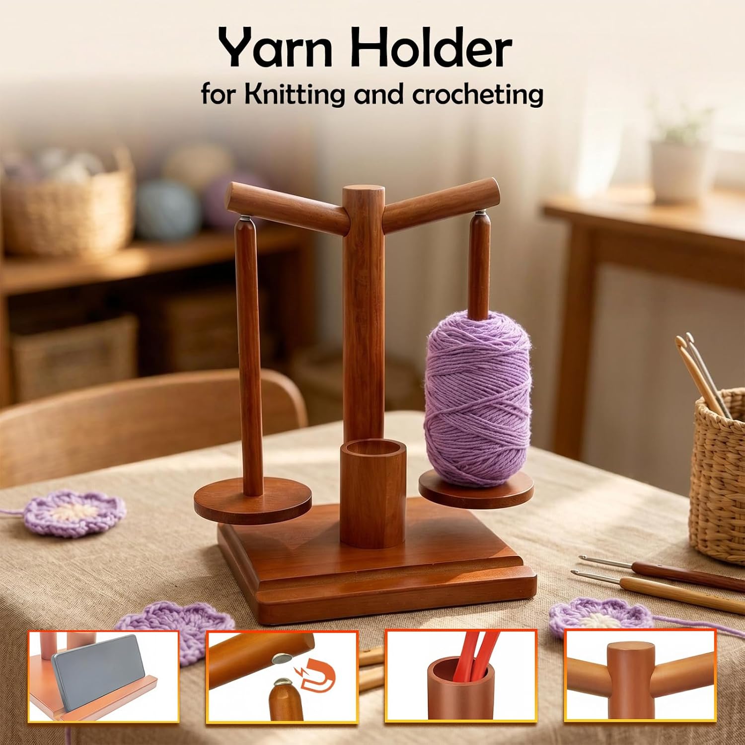Yarn Holder for Crocheting and Knitting, Wooden Magnetic Rotating Yarn Spinner with 2 Spindles, Crochet Yarn Holder for Crocheting with Phone Stand, Crochet Gift for Knitters, Mom, Grandma, Women