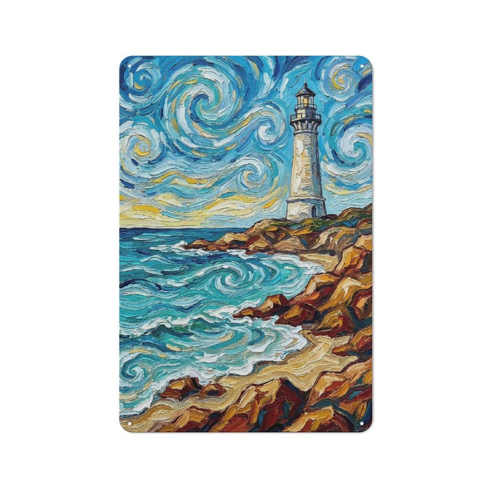 Junmoney Style-4 Casual Lighthouse Seascape Painting Shed Metal Sign 30X20cm, Utility Space Decor For Shed, Garden Room, Porch Or Garage