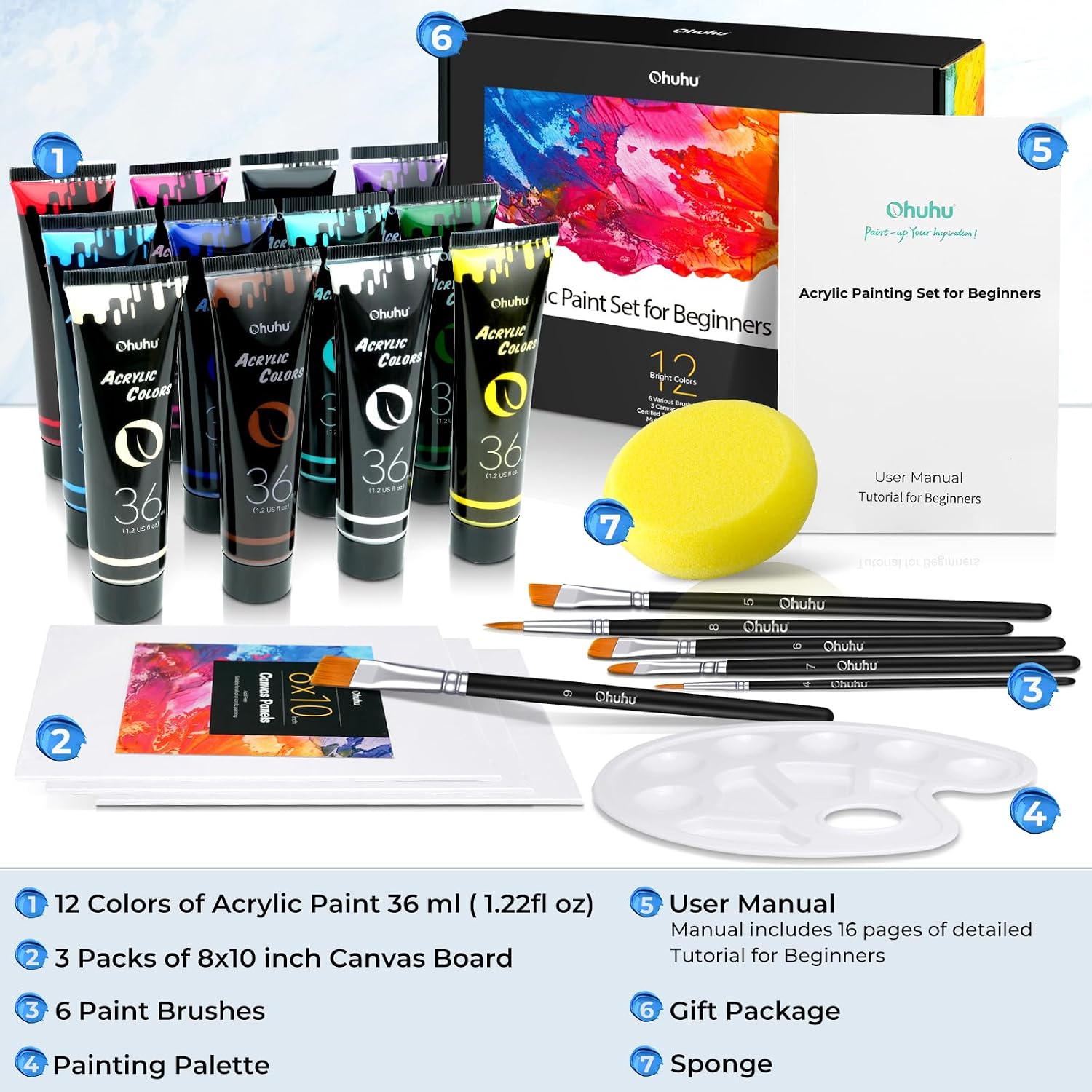 Ohuhu Acrylic Paint Kits with Tutorial for Beginners- 36ml 12 Vibrant Colors with 6 Brushes 3 Paint Canvases Sponge for Kids Painting, Art Supplies for Ceramic, Wood, Fabric, Model, Rock, Metal
