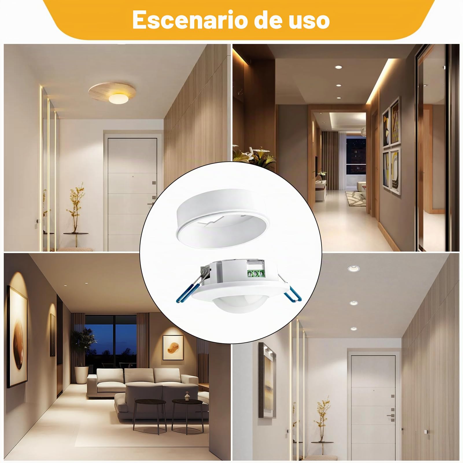 Detector de Movimiento Interior Empotrado Techo Sensor de Movimiento de Presencia Rango de Detección 360° 230V Interruptor Detector Luz Ajustable 10s–30min para Lámparas LED Adecuado