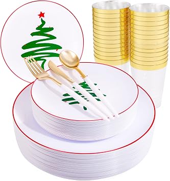 supernal 180pcs Elegant Disposable Dinnerware Set with White-Gold Knives/Forks/Spoons, GoldRim Clear Tumblers, Premium Plastic Tableware for 30 Guests,Plastic Plates, Gold Plastic Cutlery