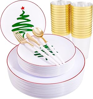 Supernal 180pcs Christmas Plates Red and Green Plastic Dinnerware Include Disposable Plates Heavy Duty,Gold Plastic Silverware with White Handle,Gold Cups,Christmas Party Plate