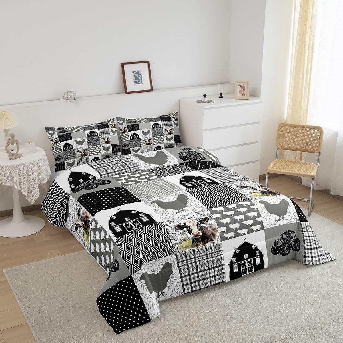 Farmhouse Barn Comforter Set Twin Size,Milk Cow Chicken Pig Animals Rustic Bedding Set for Kids Boys Men,Black Plaid Dots Modern Art Geometric Quilted Duvet Set with 1 Pillowcase