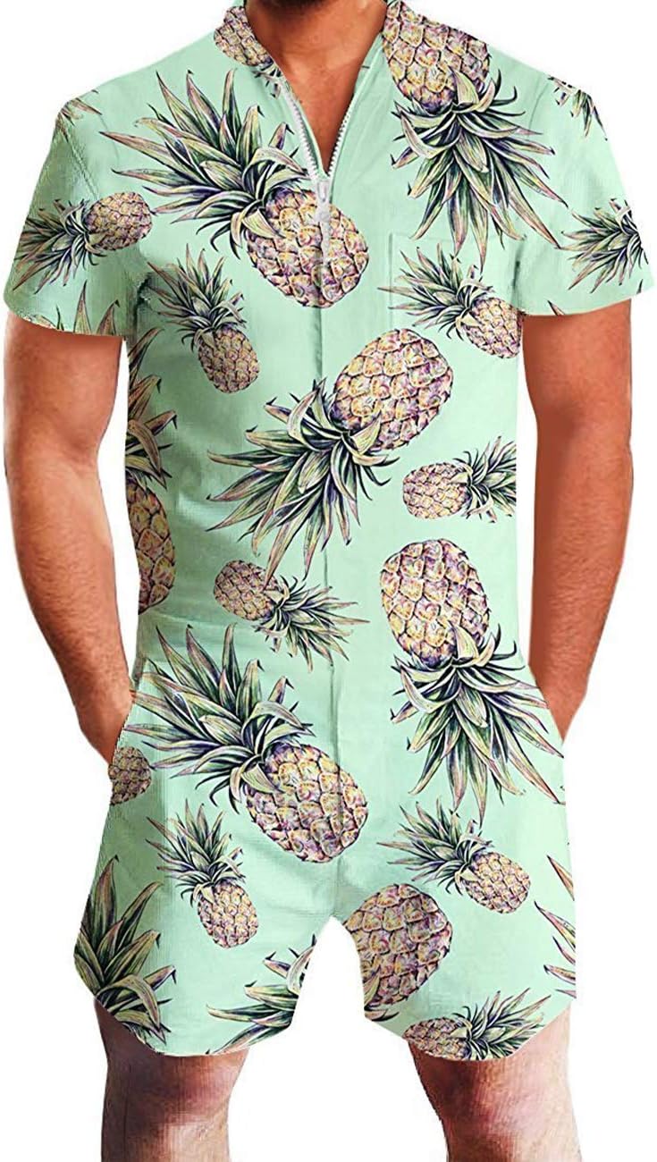 Idgreatim Men Fashion Jumpsuit Short Sleeve 3d Printed Pineapple Rompers Overalls With Pocket Zipper