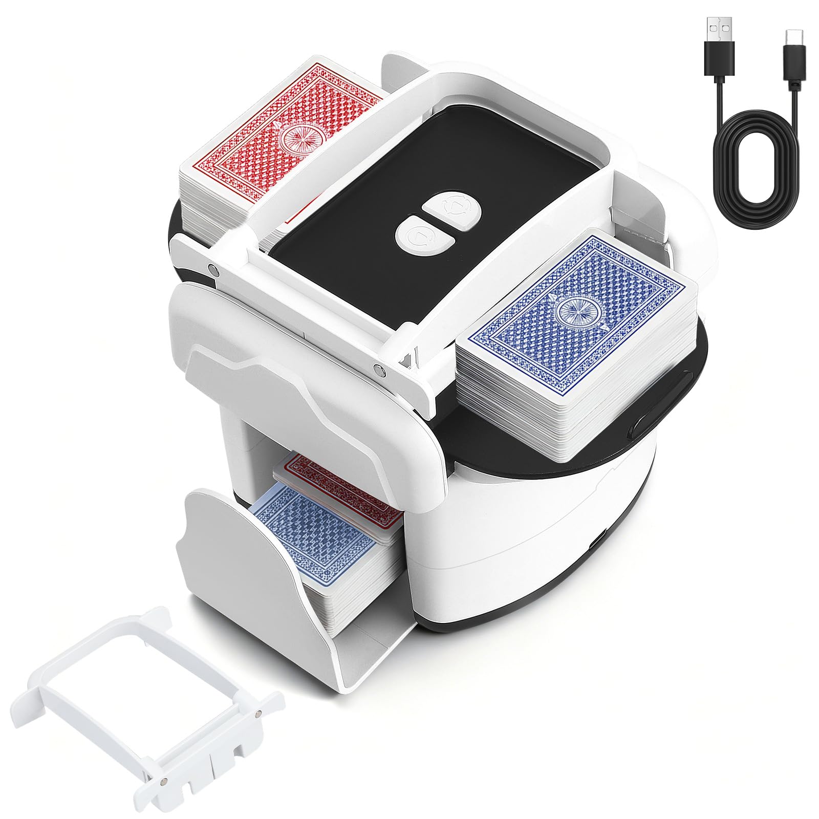 Mescolatore automatico di carte per 1–4 giochi di carte, ricaricabile, 2 modalità di miscelazione, compatibile con carte da poker, bridge, UNO e Phase 10 (Bianco)
