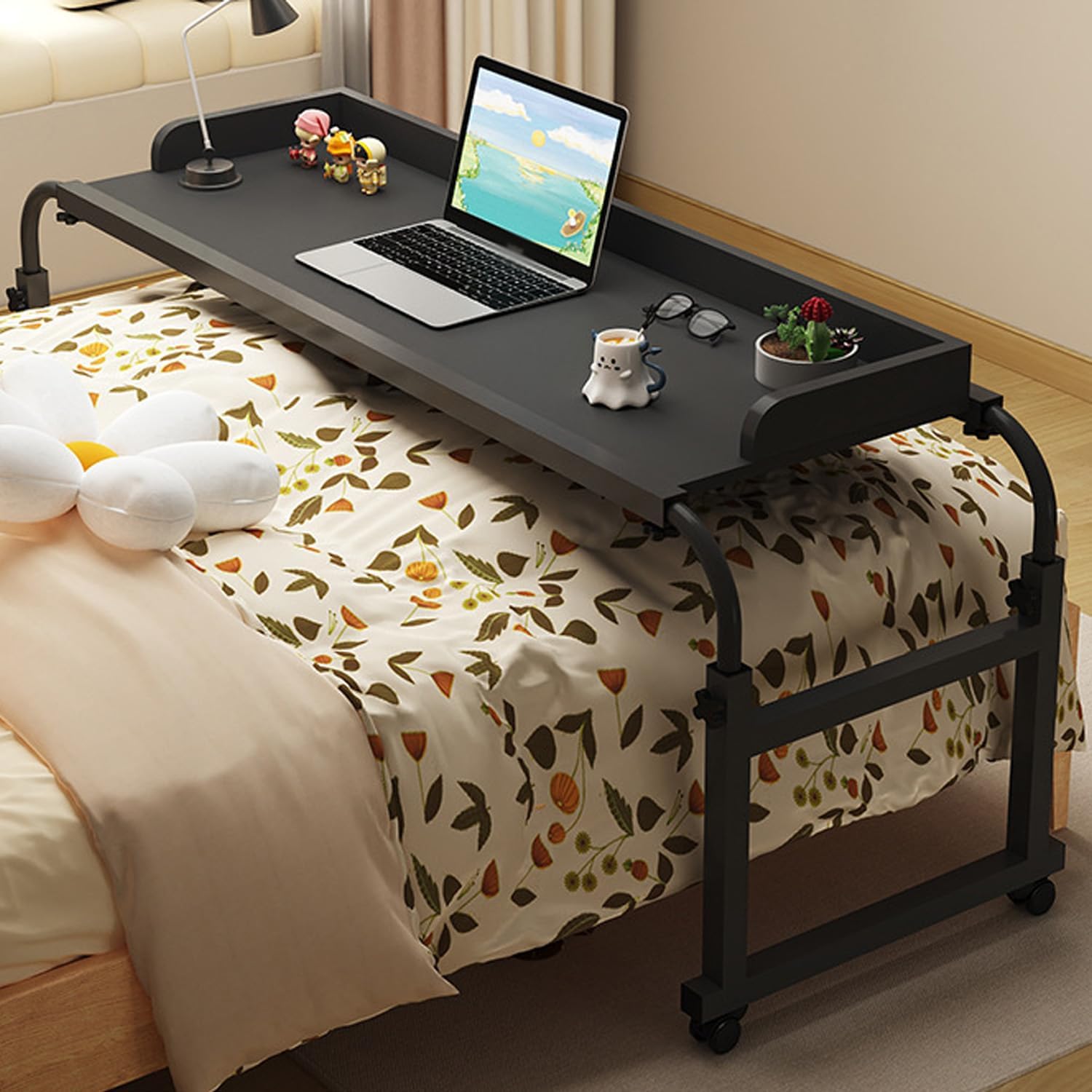 115-210cm Overbed Laptop Trolley Desk Bed Working Table Bed Table for Laptop Study Work Hospital Medical Height Adjustable 65-95cm Cross Bed Table with Wheels(Color:Black+)