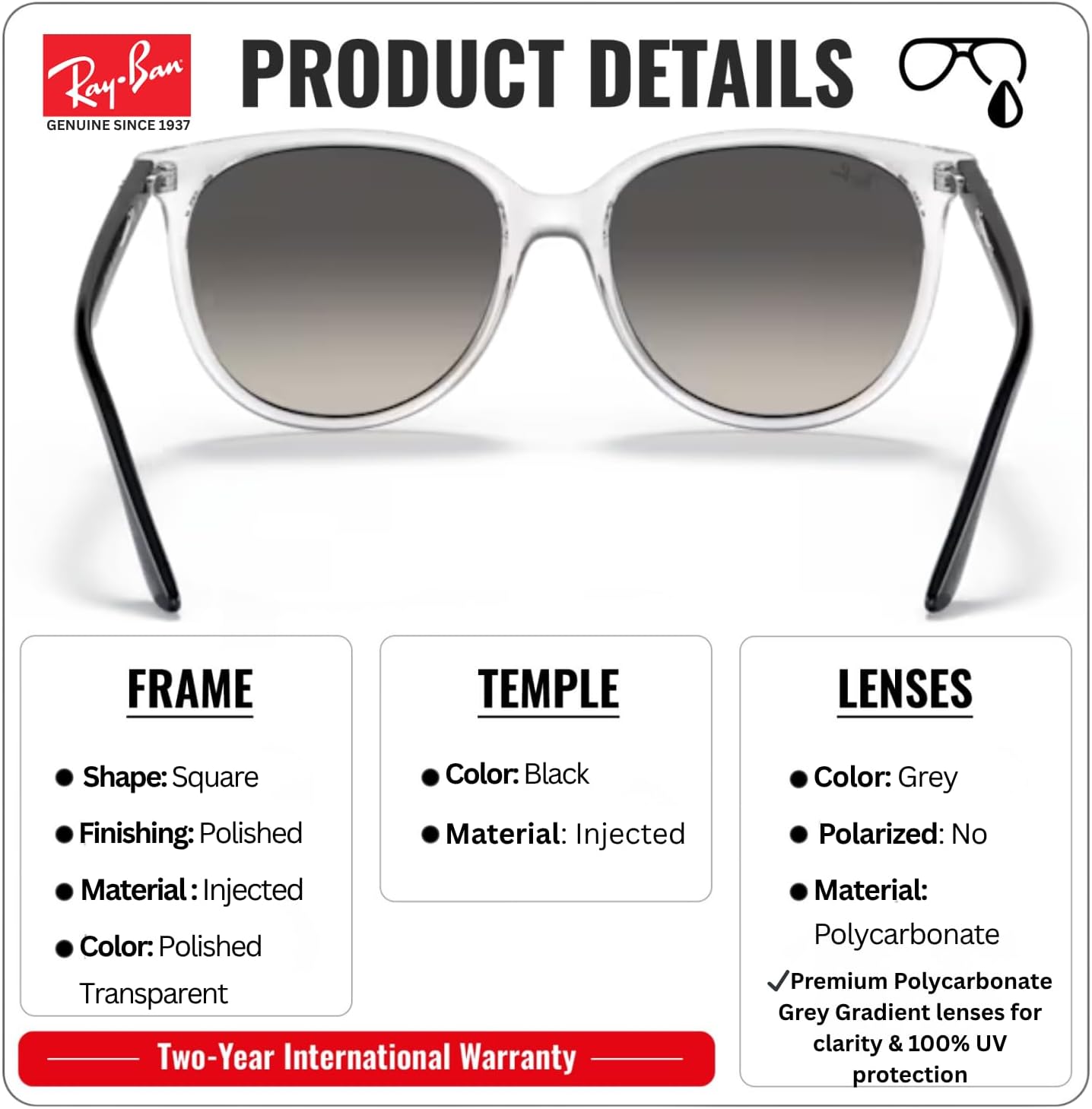 Ray-Ban RB4378 Square Shaped Sunglasses for Men & Women with Official RAYBAN Eyewear Kit