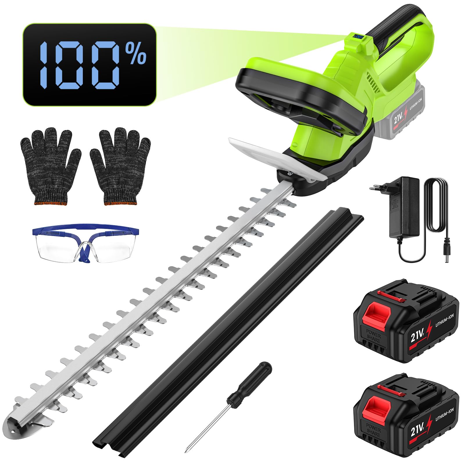 IERAKOR Cortasetos a Batería, Cuchilla Doble Acción 55 cm, Diseño Ligero | Cortasetos Eléctrico Inalámbrico, 2 Baterías de 3,0 Ah, Motor Brushless, Pantalla LED, Doble Interruptor, Setos y Arbustos